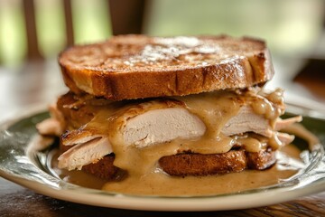 A juicy grilled chicken sandwich served on a plate with savory gravy sauce