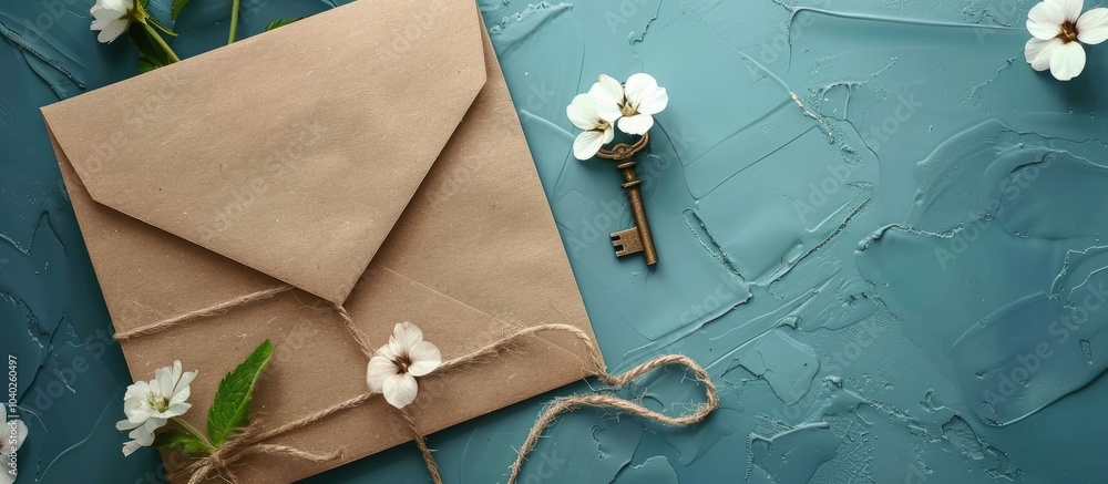 Poster vintage styled envelope and blank paper with flower string and key on blue background viewed from ab