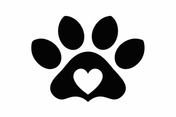 Heart and pet paw icon, Paw print with heart black silhouette vector