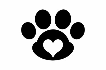 Heart and pet paw icon, Paw print with heart black silhouette vector