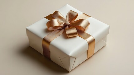 A beautifully wrapped gift box with a golden ribbon on neutral background