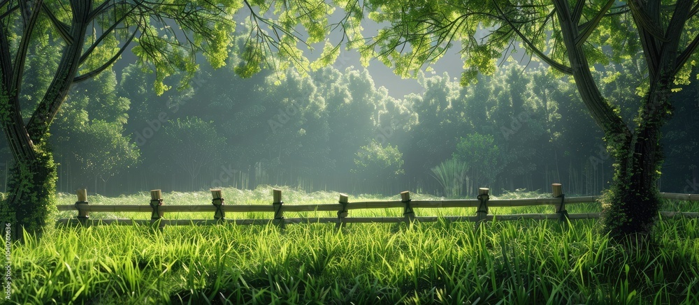 Poster bamboo fence and grassland in early summer set the scene in a 21st century forest and open space lan