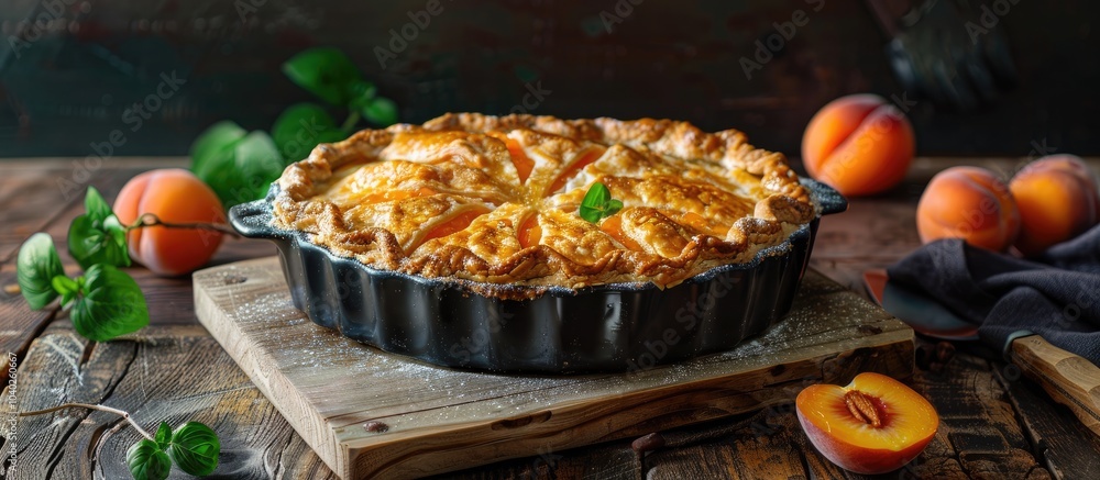 Poster apricot pie displayed in a baking dish on a rustic wooden table with ample copy space image