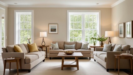 Fototapeta premium A cozy living room with a beige sofa, armchair, and wooden coffee table. Large windows allow ample light
