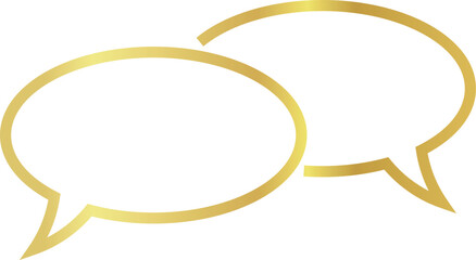 Two overlapping 16x9 aspect ratio oval gold metallic speech bubbles. Blank outline talk balloons with distinctive curved tails on transparent background.