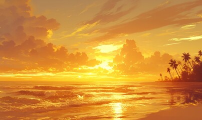 Fototapeta premium Tropical Sunset Over Ocean Waves and Palm Trees