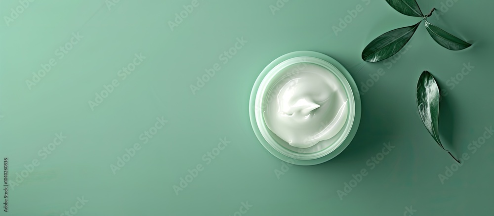 Poster top view of face cream on a green background with copy space image