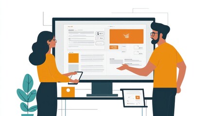 Fototapeta premium UX and UI designers collaborating over a website mockup, focusing on enhancing user interaction and visual appeal for an optimal user experience.