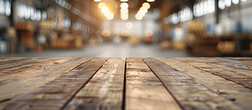 Wooden table with blurred factory warehouse backdrop providing a copy space image for showcasing products along with the industrial setting