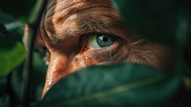 A detailed shot of an eye surrounded by greenery, ideal for representing nature-inspired or botanical themes