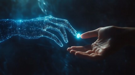 Fototapeta premium Robotic hand and human hand touching fingertips, glowing digital fingerprint pattern appearing at the connection, dark sci-fi background with blue ambient lighting, sleek futuristic style,
