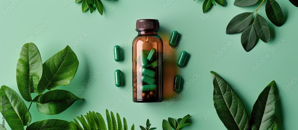 Aufkleber top view of a bottle with pills and green leaves on a colored background with copy space image avail