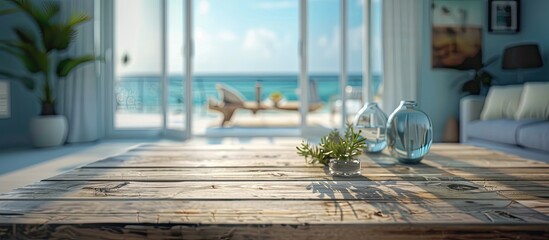A coastal living room interior appears softly blurred in the background complementing a wooden table top ideal for showcasing products in a copy space image