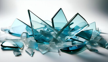 Fototapeta premium Broken glass pieces arranged in a chaotic yet artistic pattern on a white background, capturing the interplay of transparency and light