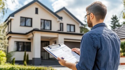 Property insurance agent inspecting a house, with a clipboard and documents