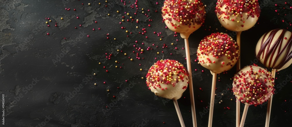 Poster cheesecake pops displayed on a dark backdrop with room for copy space image
