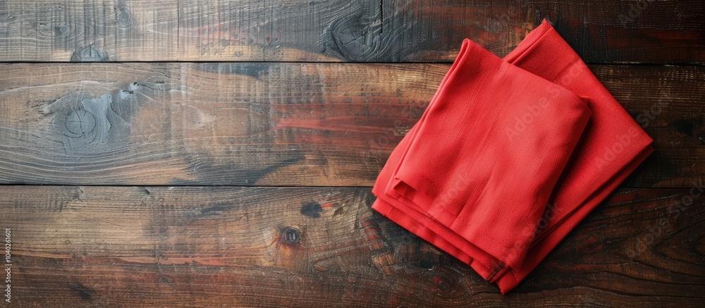 Poster top down perspective of a red kitchen napkin placed on a table featuring an empty space for text or 
