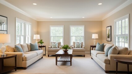 Fototapeta premium A cozy living room with a beige sofa, armchair, and wooden coffee table. Large windows allow ample light