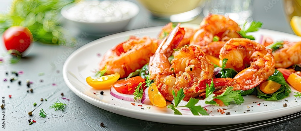 Poster a plate of crispy fried shrimp is elegantly presented with colorful vegetables in a restaurant setti