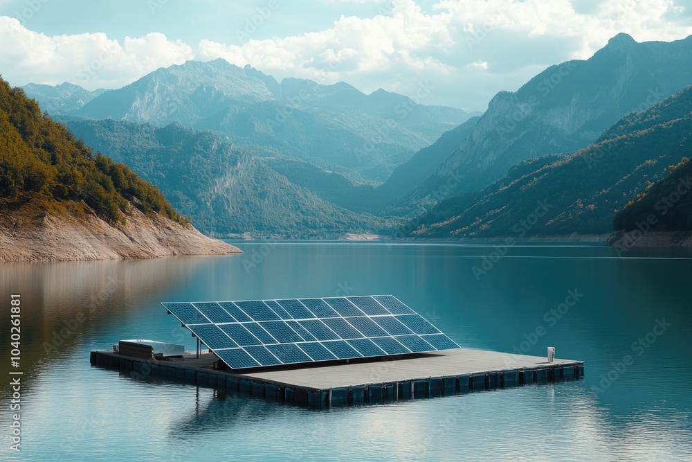 Poster a floating solar array on a lake with mountains in the background, ideal for use in environmental or