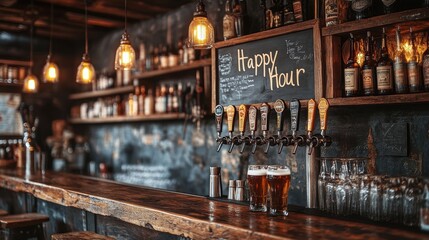 A cozy, dimly lit bar featuring a wooden counter, a chalkboard sign advertising happy hour, a line of various taps with beer, and drinks ready to be served, creating a warm and inviting atmosphere