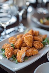 Fototapeta premium A plate filled with crispy fried chicken nuggies, perfect for snacking or serving at a party