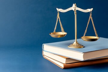 A pair of scales and law books on a dark blue background