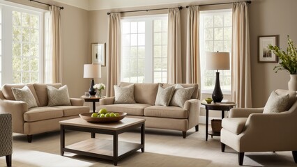 A cozy living room with a beige sofa, armchair, and wooden coffee table. Large windows allow ample light