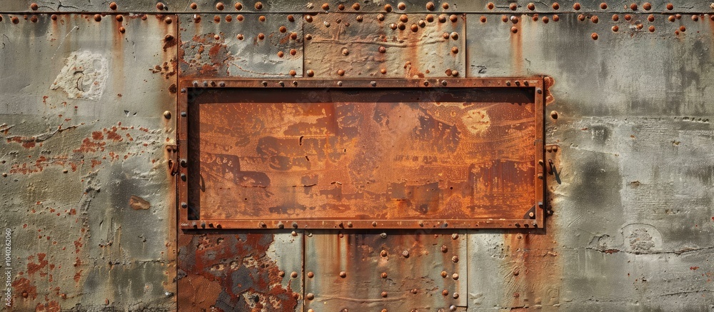 Poster photo of a rusty metal plate on the building s side with room for text or graphics. copy space image