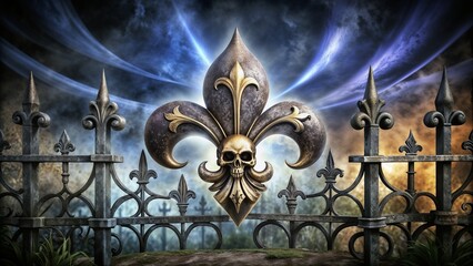 Skull and fleur-de-lis metal gate in dark, gothic cemetery scene