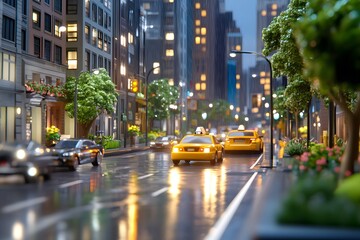 Obraz premium A street at night, with cars and yellow cabs driving on it, tall buildings around the streets, wet roads
