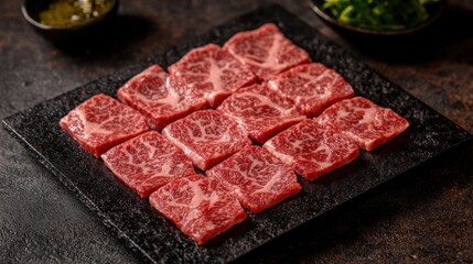 Fototapeta premium Raw Wagyu beef slices, highlighting the marbled texture and rich red color