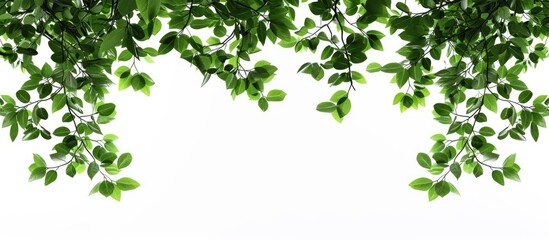 Tree branches with green leaves forming a border against a white background suitable for a copy space image