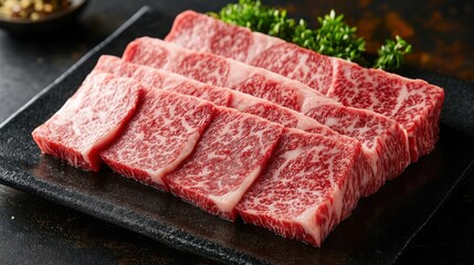 Raw Wagyu slices on a platter, showcasing the rich marbling