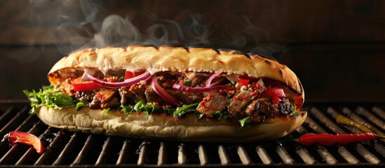 Turkish doner sandwich freshly prepared on a black grill with a copy space image