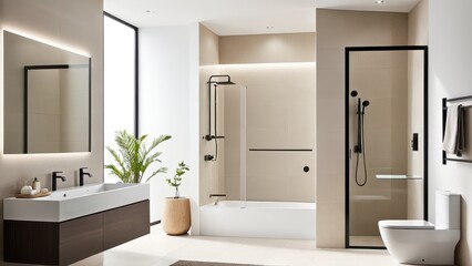 Modern bathroom with glass shower, dual sinks, large mirror, and minimalist decor. Neutral tones and natural light create a serene atmosphere.