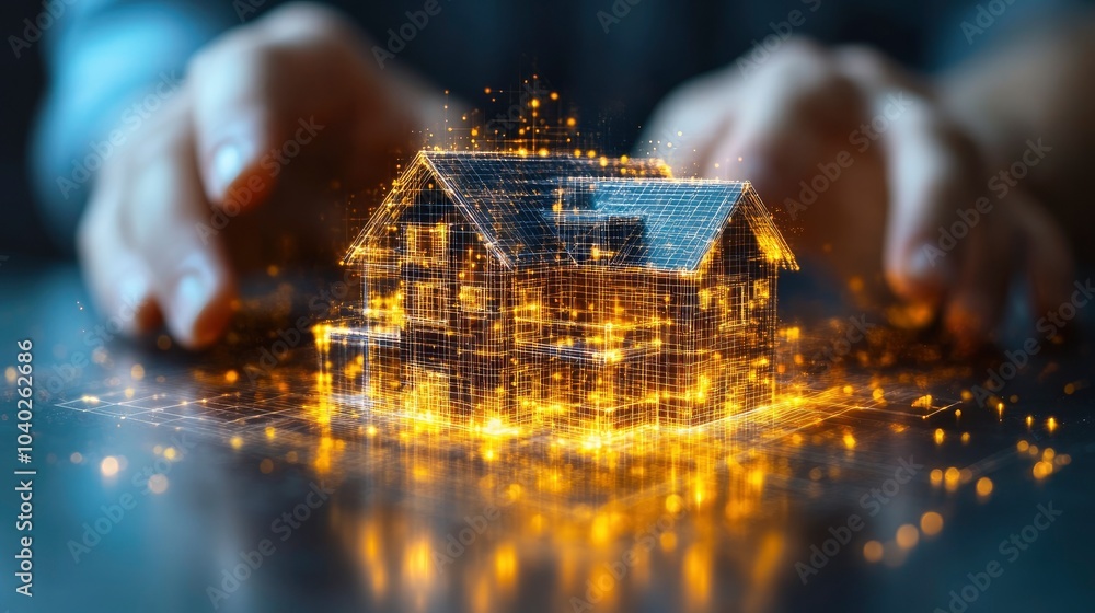 Poster digital house model with glowing circuits and hands gesturing around it