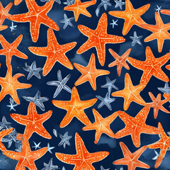 Watercolor seamless pattern of orange starfish scattered on a dark blue background.