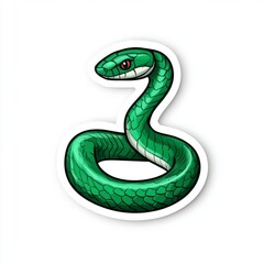 Fototapeta premium A stylized green snake coiled in a circular shape with a striking red eye.