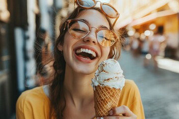A happy woman holding an ice cream cone, perfect for summer or dessert themed scenes
