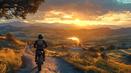 Fototapeta premium A biker wearing a helmet navigating a narrow road that twists up a steep hill, panoramic views of the valley and rolling hills below, the sun low in the sky, casting long shadows across the landscape,