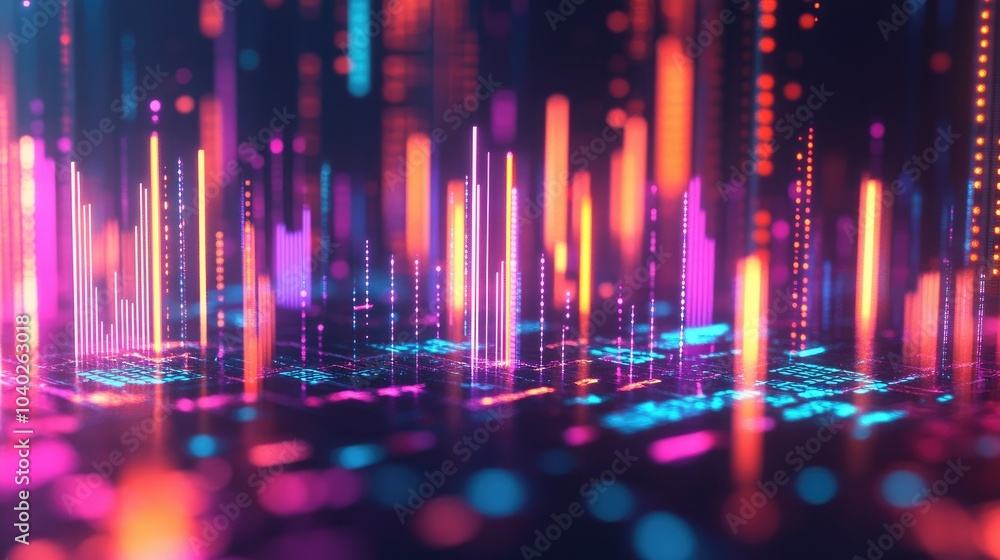 Poster abstract depiction of financial graphs and charts in neon colors