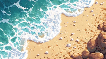 Pixel art battlemap showing a coastal beach with waves and scattered shells on the sand