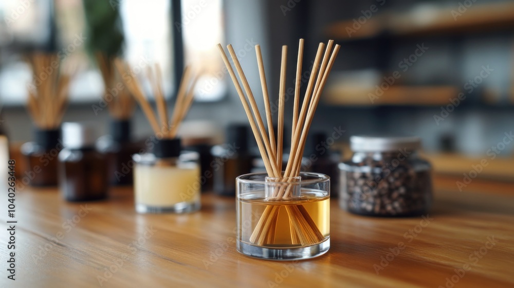 Poster a rustic wooden table featuring a glass container filled with reeds, perfect for adding natural eleg