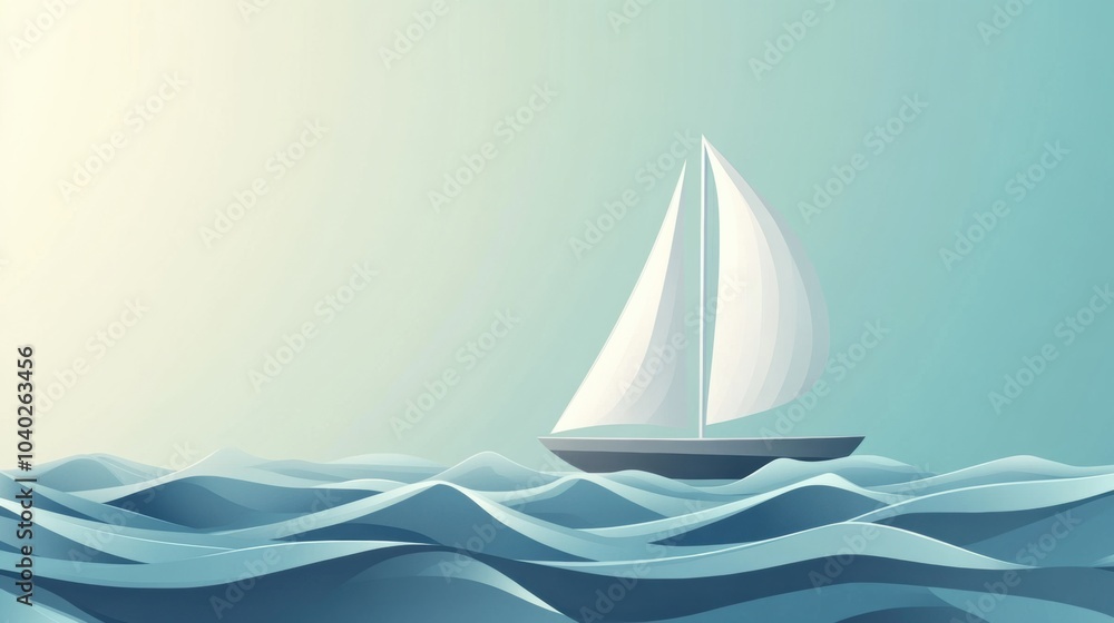 Poster a stylish sailboat navigates serene waters, capturing the essence of calmness and simplicity in a pe