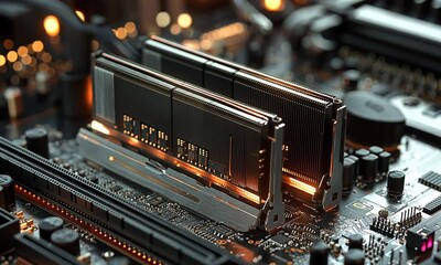Closeup of RAM Modules on a Motherboard - Powered by Adobe