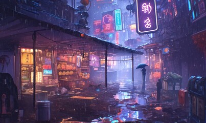 Obraz premium Rainy Night in Neon City Street Market