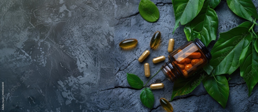 Poster top view of a bottle containing pills and green leaves set against a concrete background with space 