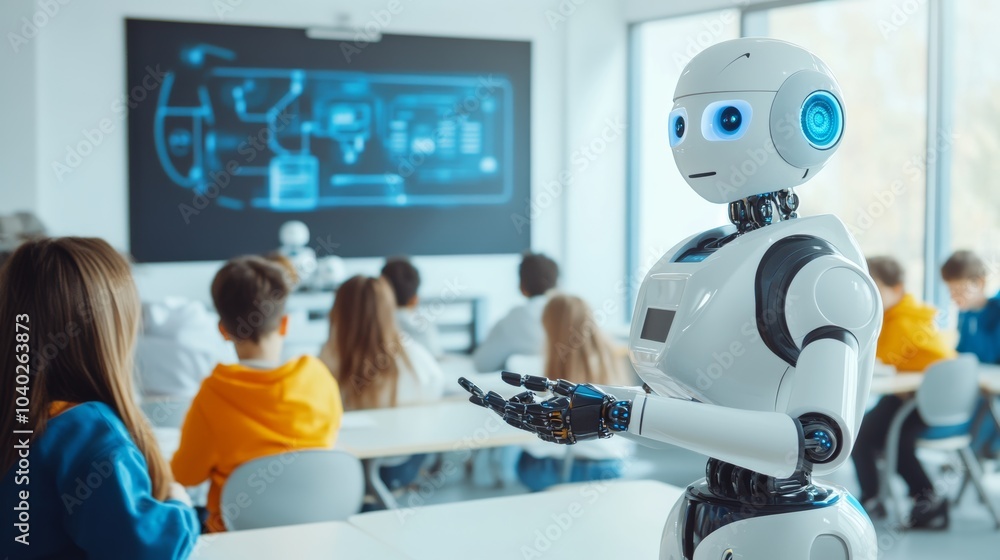Poster A robot teaching a group of students in a futuristic classroom with interactive learning tools, bright and engaging educational environment, Ed-tech style