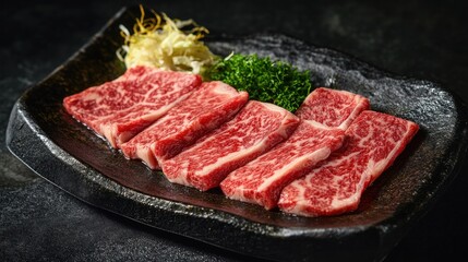 Sliced Wagyu beef, emphasizing the intricate marbling and red color